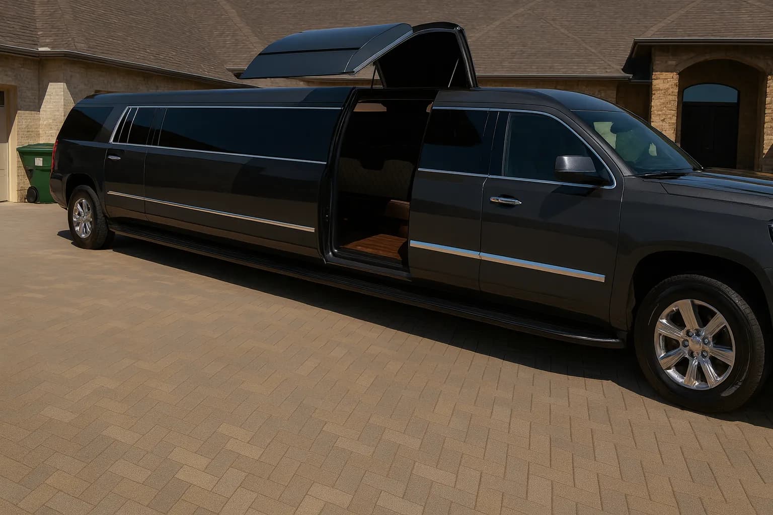 Stretch Cadillac Escalade limousine for 18 passengers parked at the curb, exterior side view