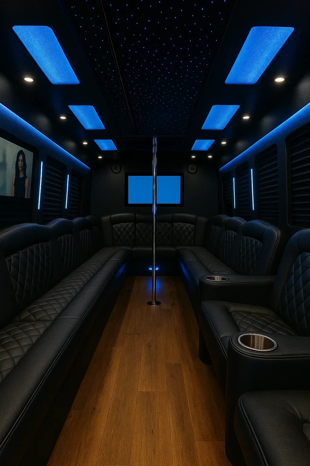 Interior of a 30 passenger party bus with wraparound leather seating, an open center floor, and colored LED ceiling lights
